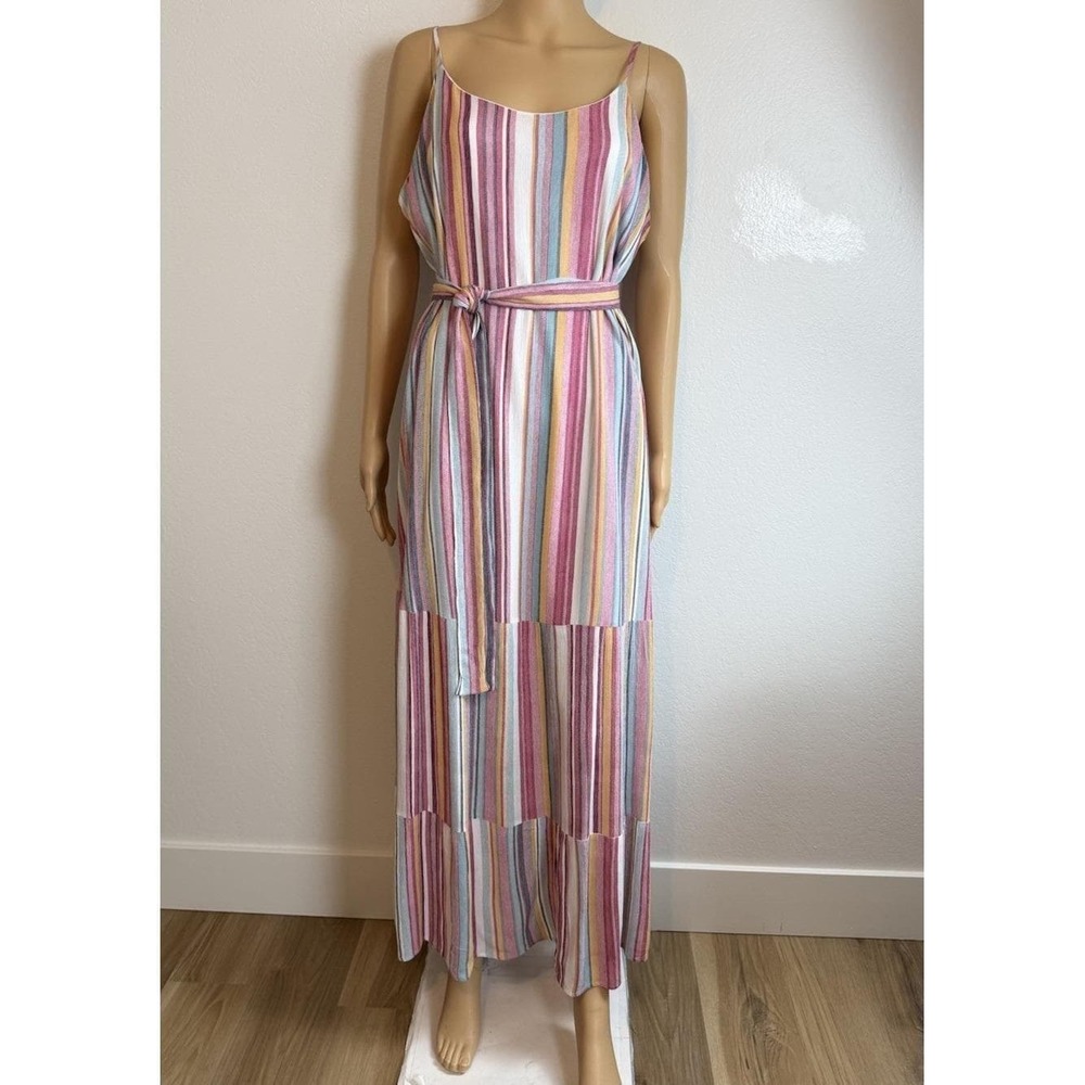 Andree By Unit Colorful Striped Gauzy A Line Boho Womens Maxi Dress w/Belt‎ Sz L